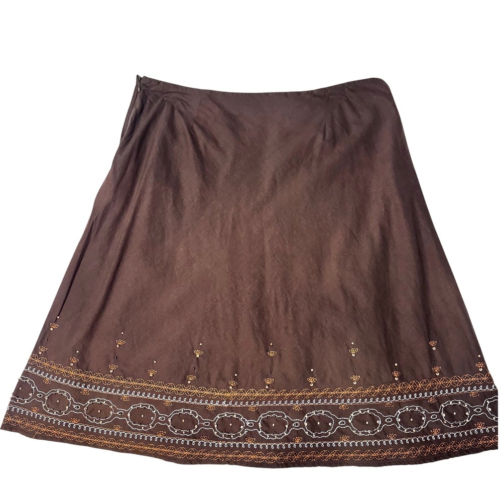 Attention Y2K Brown Cotton Embroidered Beaded A-Line Midi Skirt Boho Sz L Fall